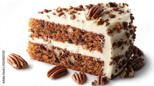 A slice of moist carrot cake, studded with cinnamon, walnuts, and pecans, adorned with a creamy frosting, sits proudly isolated on a crystal-clear transparent backdrop, inviting viewers to indulge in