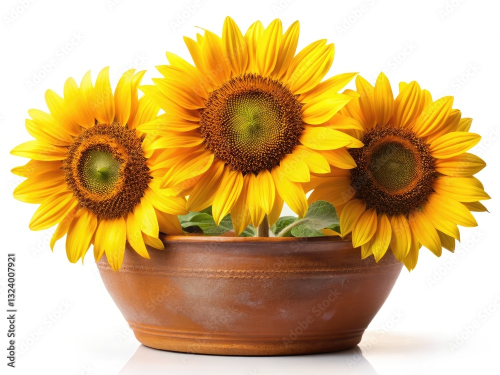 Obraz premium Sun-drenched sunflowers burst from a terracotta pot, a vibrant summer still life, perfect for product photography.