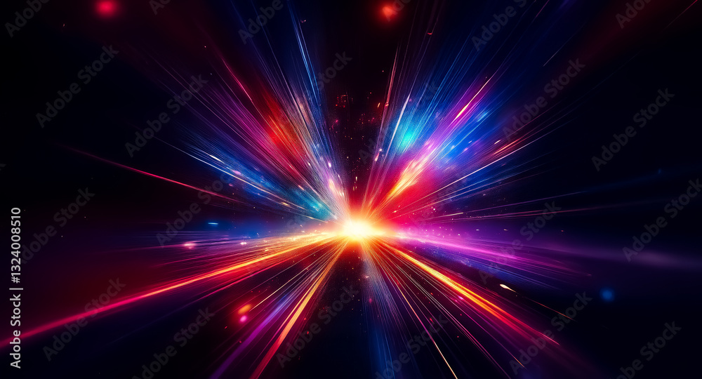 Vibrant, colorful light streaks radiate from a bright central point against a deep dark background, creating an abstract explosion of light.
