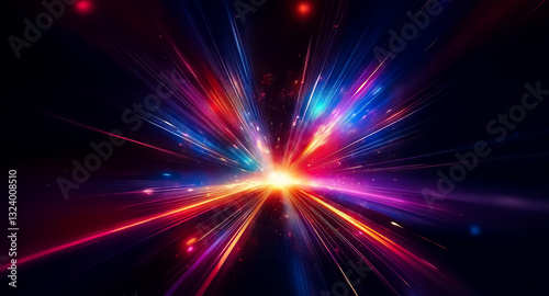 Obraz na płótnie Vibrant, colorful light streaks radiate from a bright central point against a deep dark background, creating an abstract explosion of light. w salonie