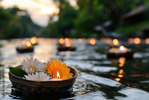 Floating flower offerings with candles drifting on a river at dusk, symbolizing prayers and wishes