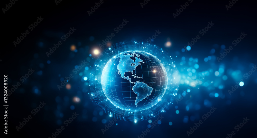 Fototapeta premium Glowing blue globe surrounded by digital network lines and particles on a dark backdrop, symbolizing global connection.