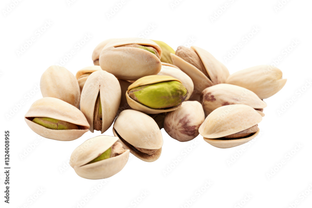 A few roasted salted pistachios lying on a clean white surface, showcasing their distinct texture and salted coating A few roasted salted pistachios lying on a clean white surface, showcasing their distinct texture and salted coating