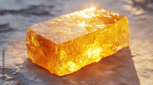 A golden-yellow pat of butter, glistening with its creamy richness, stands proudly against a crystal-clear, translucent background, inviting the viewer to take a moment to savor its simple elegance.