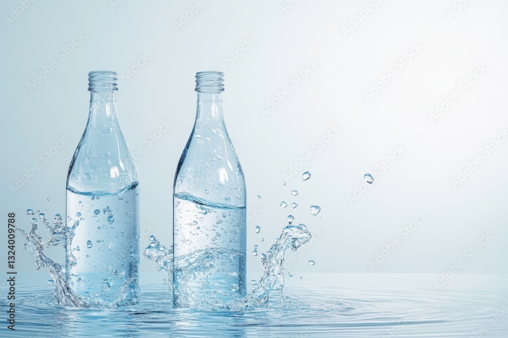 Clear water bottles create splashes on a smooth surface against a light background Clear water bottles create splashes on a smooth surface against a light background