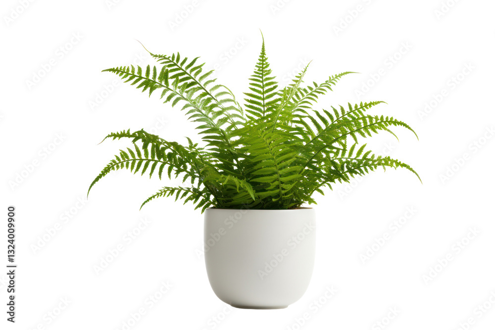 A close-up of a potted fern with lush, green fronds, styled on a white background A close-up of a potted fern with lush, green fronds, styled on a white background
