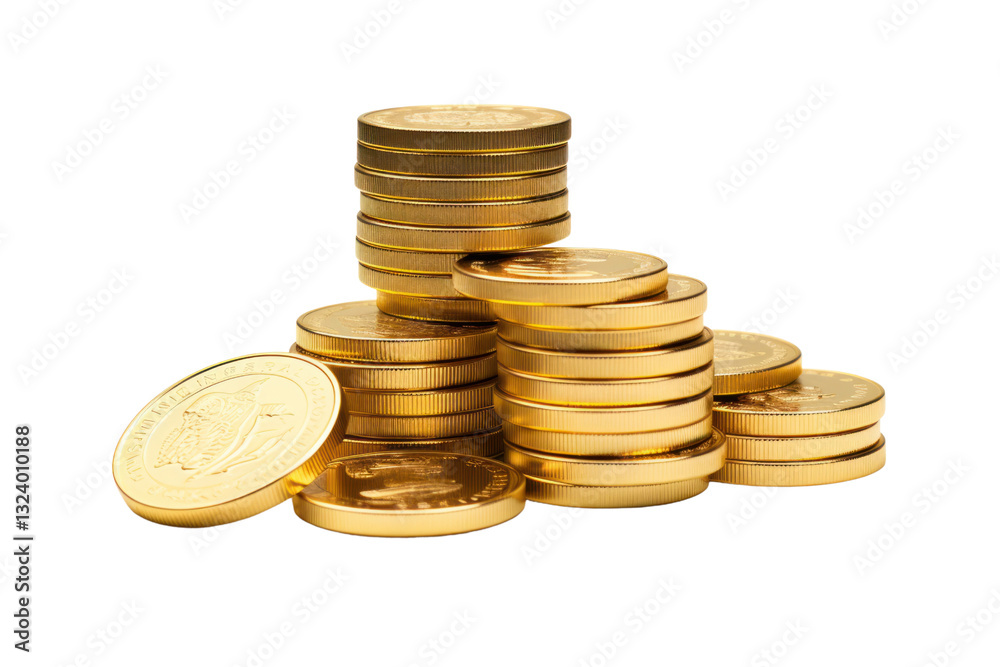 A balanced stack of gold coins featuring a uniform design isolated on white background A balanced stack of gold coins featuring a uniform design isolated on white background
