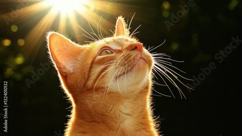 Orange tabby cat enjoying sunlight outdoor garden animal photography bright environment upward perspective joyful concept