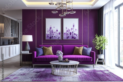 Spectacular plum living room, purple violet couch, luxury, 3D.
