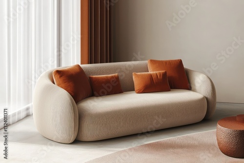 Contemporary living room in beige orange with velor sofa, 3D.