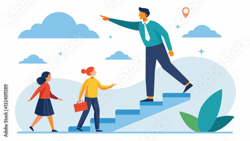 An individual stepping out of their comfort zone with the supportive hand of their life coach guiding them towards new possibilities and clarity.. Vector illustration