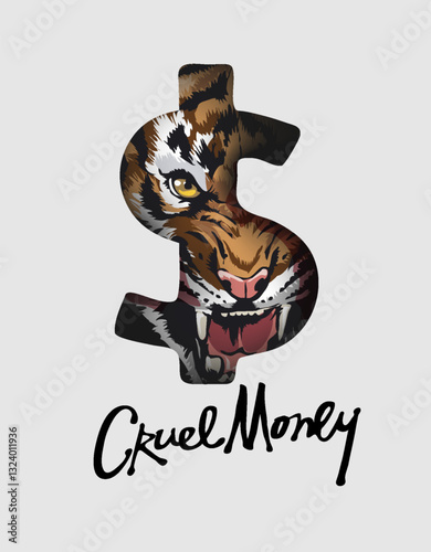cruel money calligraphy slogan with angry tiger in dollar sign vector illustration created by hand drawn