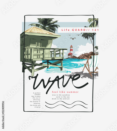 wave calligraphy slogan with beach hut and palm trees graphic vector illustration in square frame created by hand drawn
