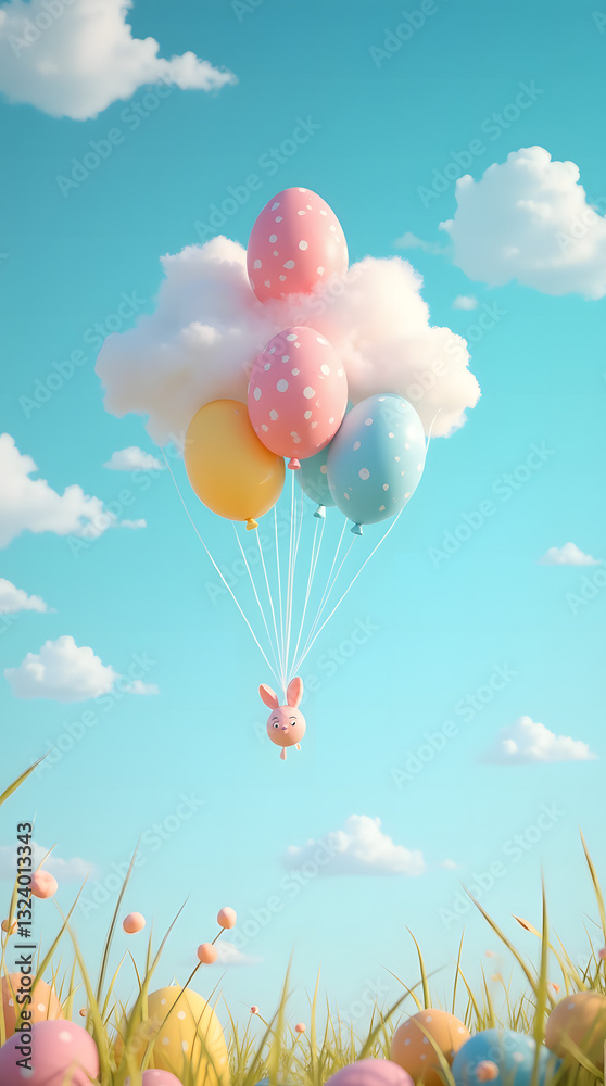 Obraz premium Vibrant Easter Balloon Cloud with Floating Festive Eggs Against a Bright Blue Sky, Creating a Cheerful and Joyful Holiday Atmosphere