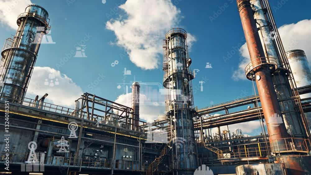 Modern industrial area aerial view and communication network concept. Factory automation. Modern industrial area aerial view and communication network concept. Factory automation.