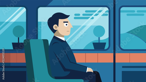 As the train jostles a commuter sits with a straight back and a relaxed expression calmly observing the movements and sensations.. Vector illustration