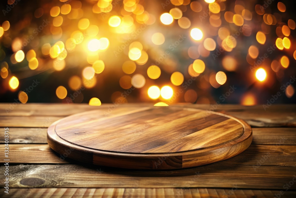 Obraz premium Warm light illuminates a rustic wooden table, bokeh blurring the background, highlighting the round board's texture.