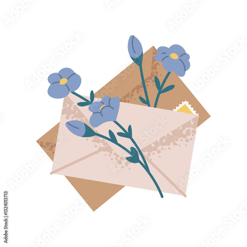 Floral envelope on white background. Stack of mail letters with bouquet of forget-me-nots. Gift for Mother's Day, woman, lovers. Vector isolated element