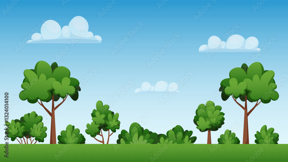 Obraz premium Background with trees and sky for Earth Day. Banner, template on ecological theme. Vector cartoon illustration