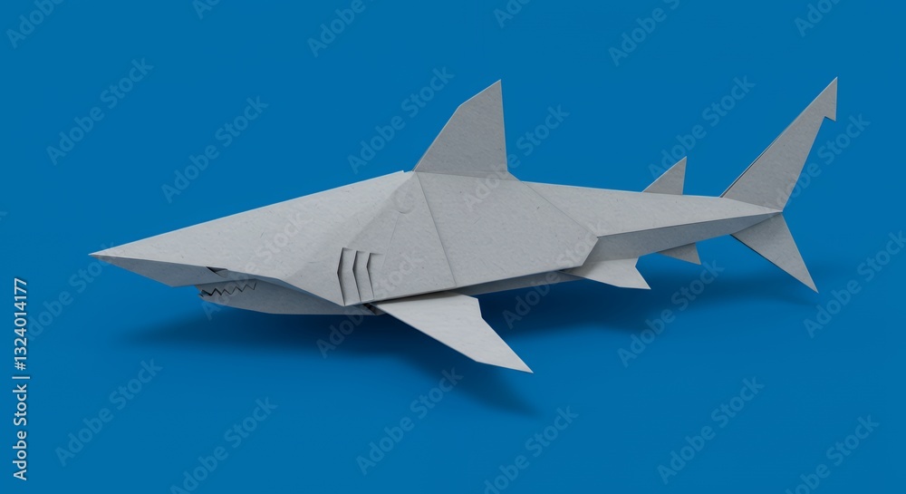 A paper crafted origami shark floating above an ocean blue backdrop A paper crafted origami shark floating above an ocean blue backdrop
