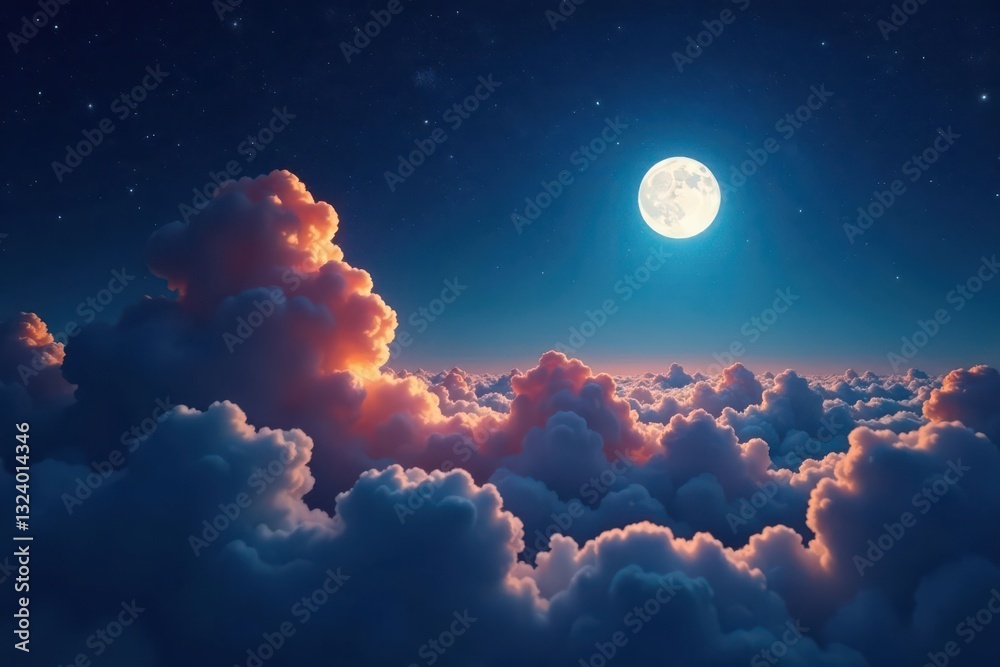 Fototapeta premium Full moon radiant over fluffy clouds in a starry expanse, space, picturesque