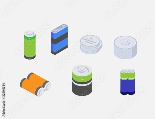 isometric battery cell rechargeable alkaline accumulators electronic power supply compact device illustration various batteries