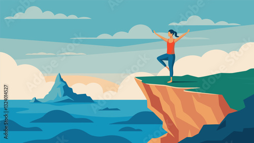 A yogi standing on a cliff overlooking the ocean using the vastness of the sea and sky to inspire a sense of expansiveness and openness in their practice.. Vector illustration