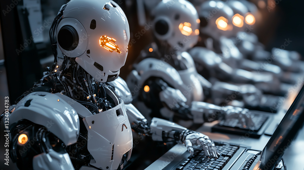Futuristic robots working on computers in a modern tech environment. Futuristic robots working on computers in a modern tech environment.