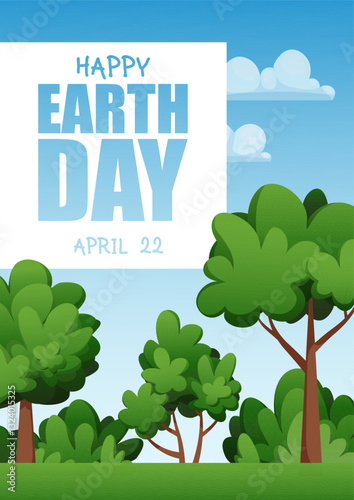 Happy Earth Day card. Greetings for the Earth Day holiday, vector background with cartoon trees and sky