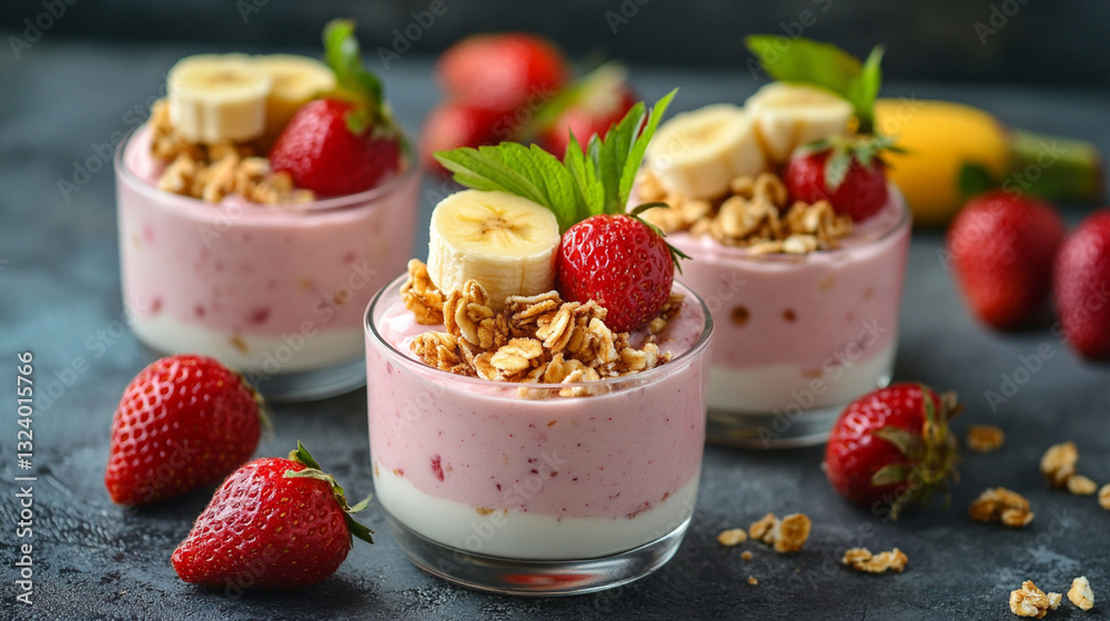 strawberry and banana yogurt with different delicious fruits in the background strawberry and banana yogurt with different delicious fruits in the background