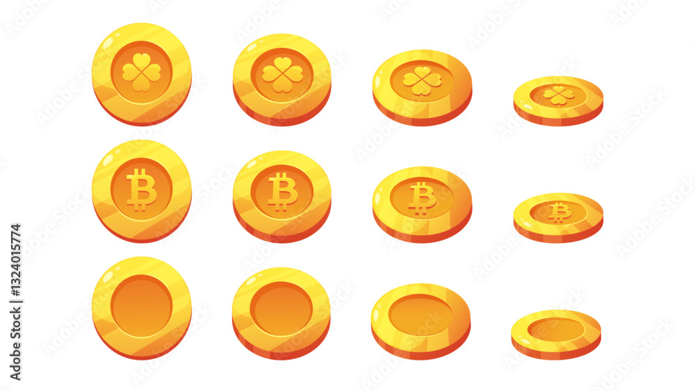 Set of cartoon gold coins. Coin with four-leaf clover, coin with bitcoin icon. Vector illustrations on white background Set of cartoon gold coins. Coin with four-leaf clover, coin with bitcoin icon. Vector illustrations on white background