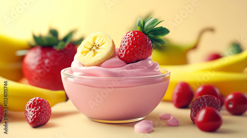 strawberry and banana yogurt with different delicious fruits in the background