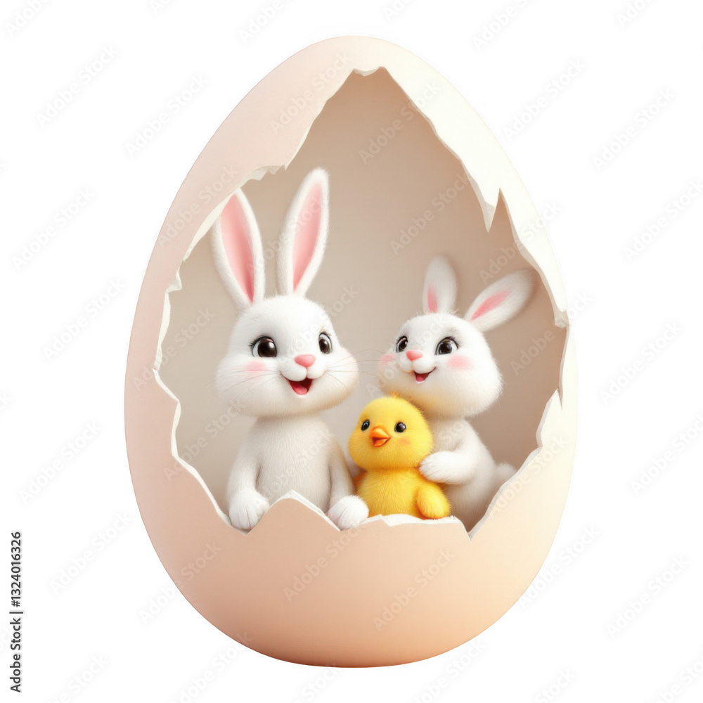 Fototapeta premium Easter Bunnies & Chick Hatching Egg.