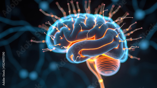 Human Brain Network, Neural Connections Glowing