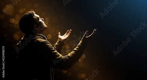 Silhouette of a person with outstretched hands in a dark, ethereal setting. Spiritual, contemplative design perfect for faith, hope, or inner peace themes.
