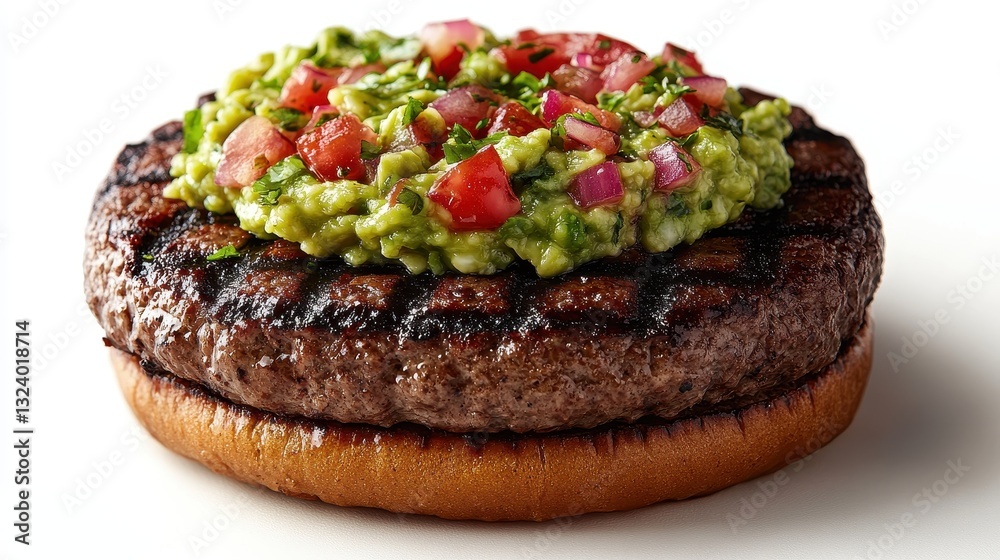 A juicy beef patty, adorned with vibrant guacamole, rests majestically on a pristine white background, its glossy surface glistening in the soft light, a culinary masterpiece ready to be unveiled to A juicy beef patty, adorned with vibrant guacamole, rests majestically on a pristine white background, its glossy surface glistening in the soft light, a culinary masterpiece ready to be unveiled to