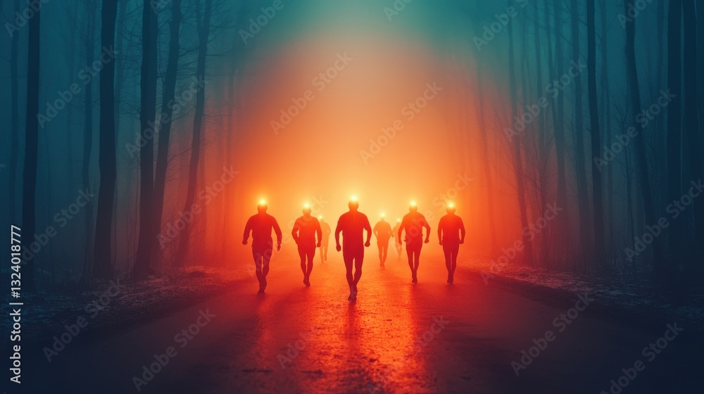 Fototapeta premium A group of individuals in the forest, illuminated by glowing helmets, creating a surreal atmosphere.