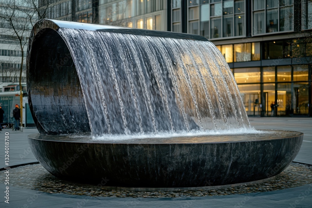 Modern water feature creates tranquil atmosphere in urban plaza during evening hours Modern water feature creates tranquil atmosphere in urban plaza during evening hours