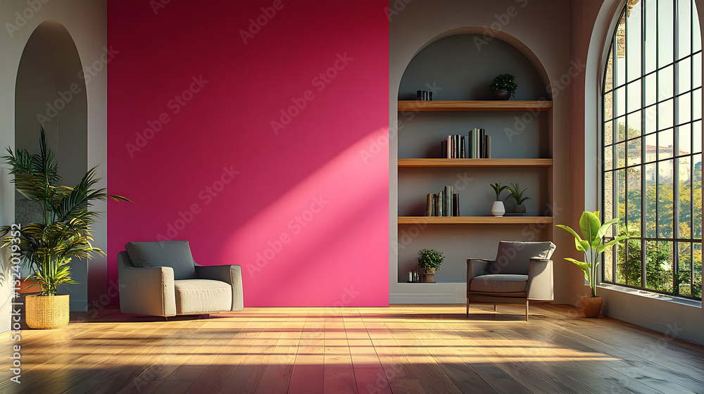 Fototapeta premium Modern living room with pink accent wall (1)
