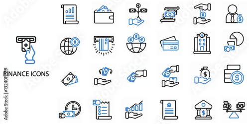 Finance simple concept 24 colour icons set. Contains such loan, cash, saving, financial goal, profit, budget, mutual fund, earning money and revenue etc .Vector illustration.