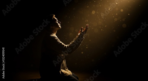 Silhouette of a person with outstretched hands in a dark, ethereal setting. Spiritual, contemplative design perfect for faith, hope, or inner peace themes.