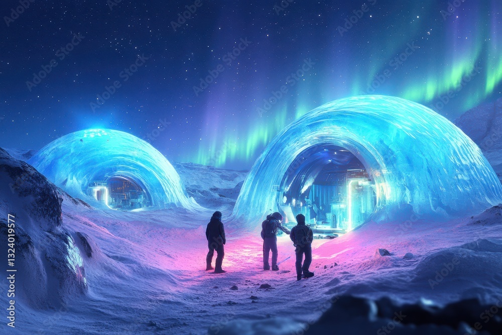 Obraz premium Journey to the Arctic ice domes under the vibrant northern lights at night