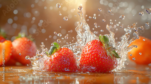 dynamic close-up of fresh strawberries single orange with water droplets glistening on their surfaces, capturing the rich colors and natural textures rustic wooden table with blurred background