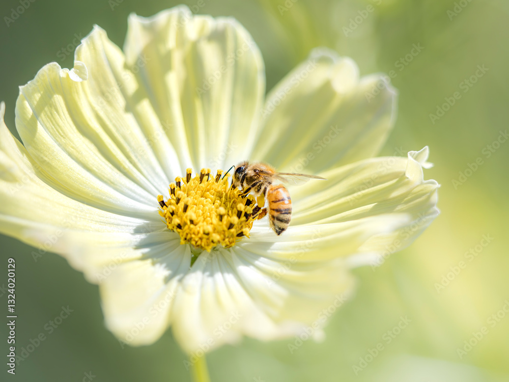 Fototapeta premium 秋の公園や花壇を彩るコスモスのある風景。コスモスとミツバチ。背景。自然風景素材。