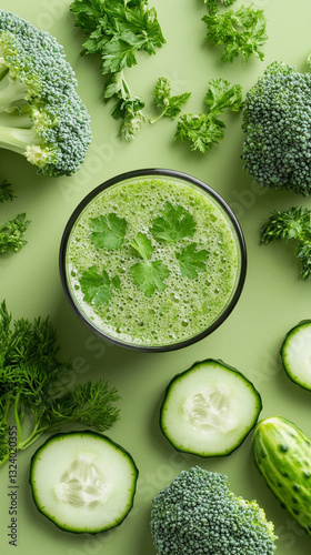 Vegetable smoothie, on a green background, around bunches of broccoli and slices of cucumber