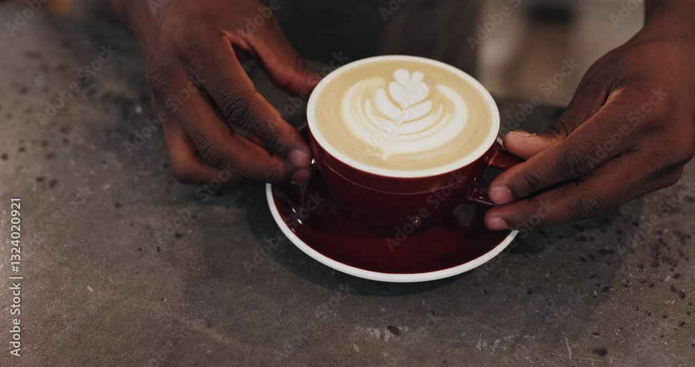 Man, barista hands and coffee art in restaurant, hospitality service and ceramic presentation with milk. Beverage, creative process and latte culture on counter, waiter and pattern shape in cafe