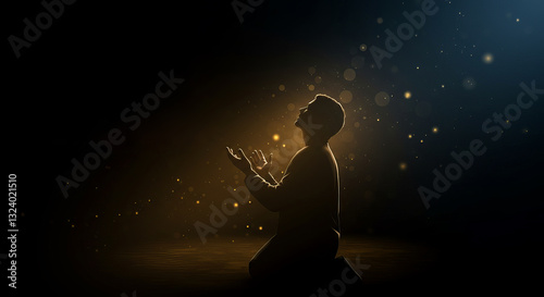Silhouette of a person with outstretched hands in a dark, ethereal setting. Spiritual, contemplative design perfect for faith, hope, or inner peace themes.