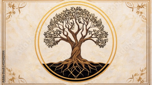 Intricate Gold and Brown Tree of Life Illustration on Beige Background