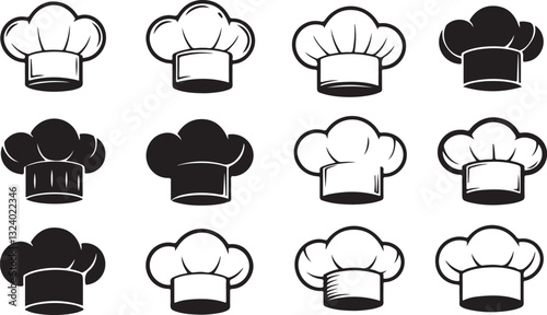 Chef hat flat icon set. Chef hat black vector illustration, chef hat silhouettes, kitchen silhouettes.
