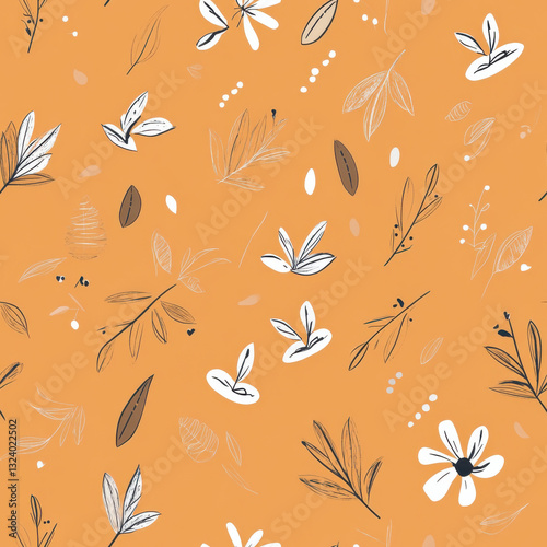 Minimalist doodle drawings on a pastel orange background, scrapbook paper background style, the pattern repeats seamlessly, perfect for enhancing scrapbooks, journals, and crafts 